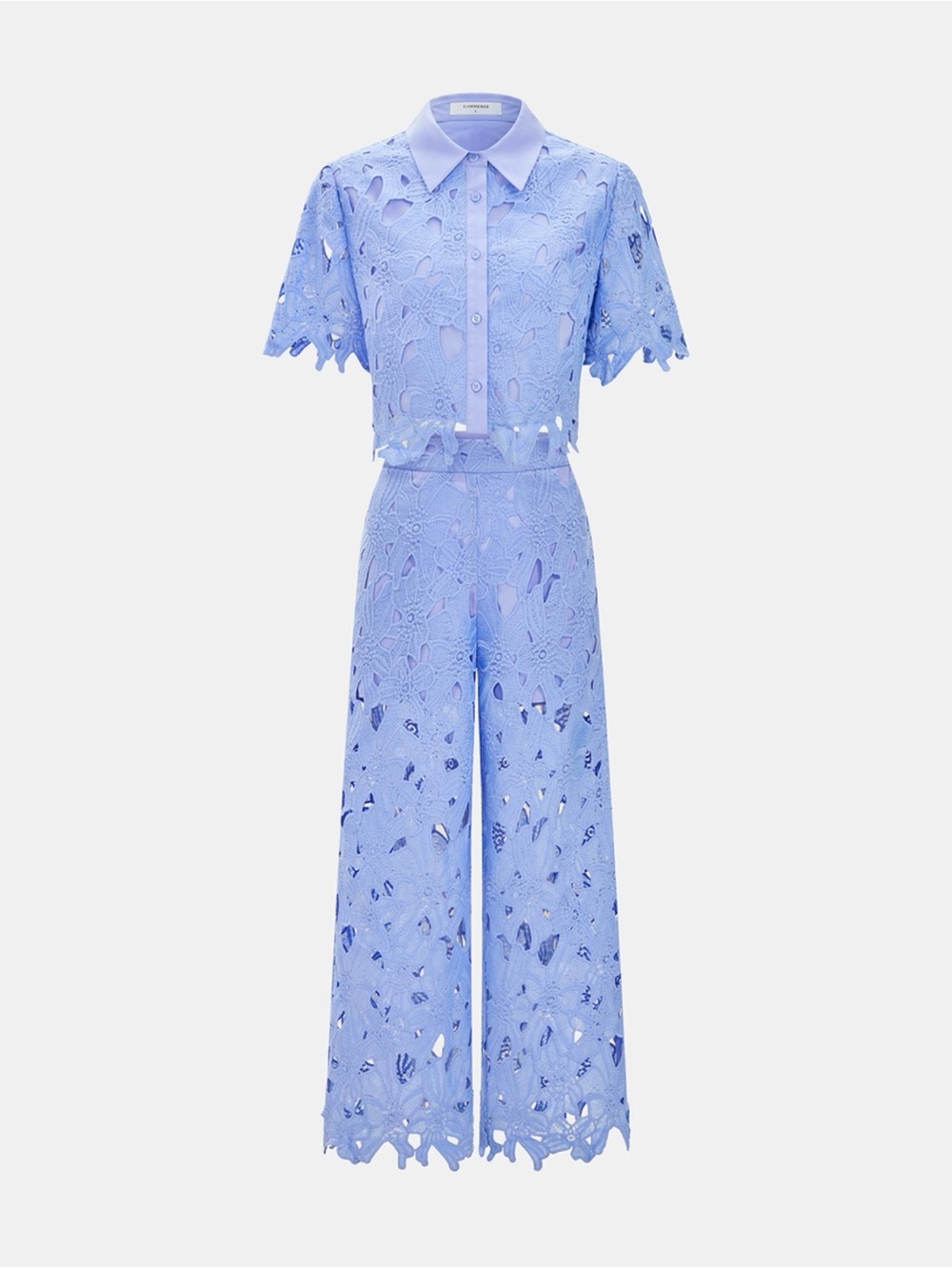 Lace Crop Shirt & Wide-Leg Jumpsuit in Periwinkle Blue